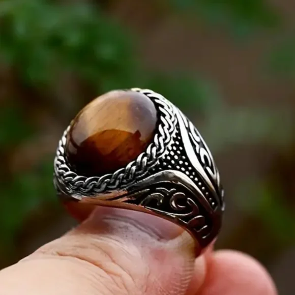 Vintage Tiger Eye Silvery Ring Bohemian Style Size 8 - Picture 5 of 17
